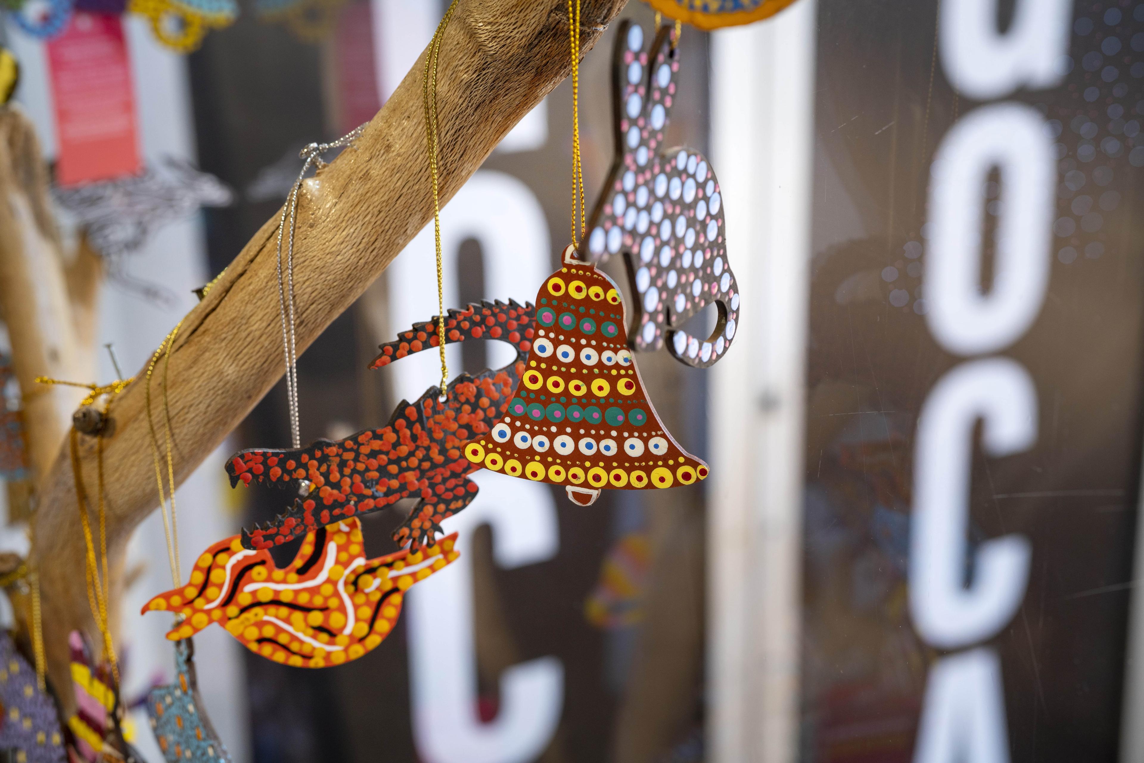 Close up shot of Christmas decorations with Indigenous designs