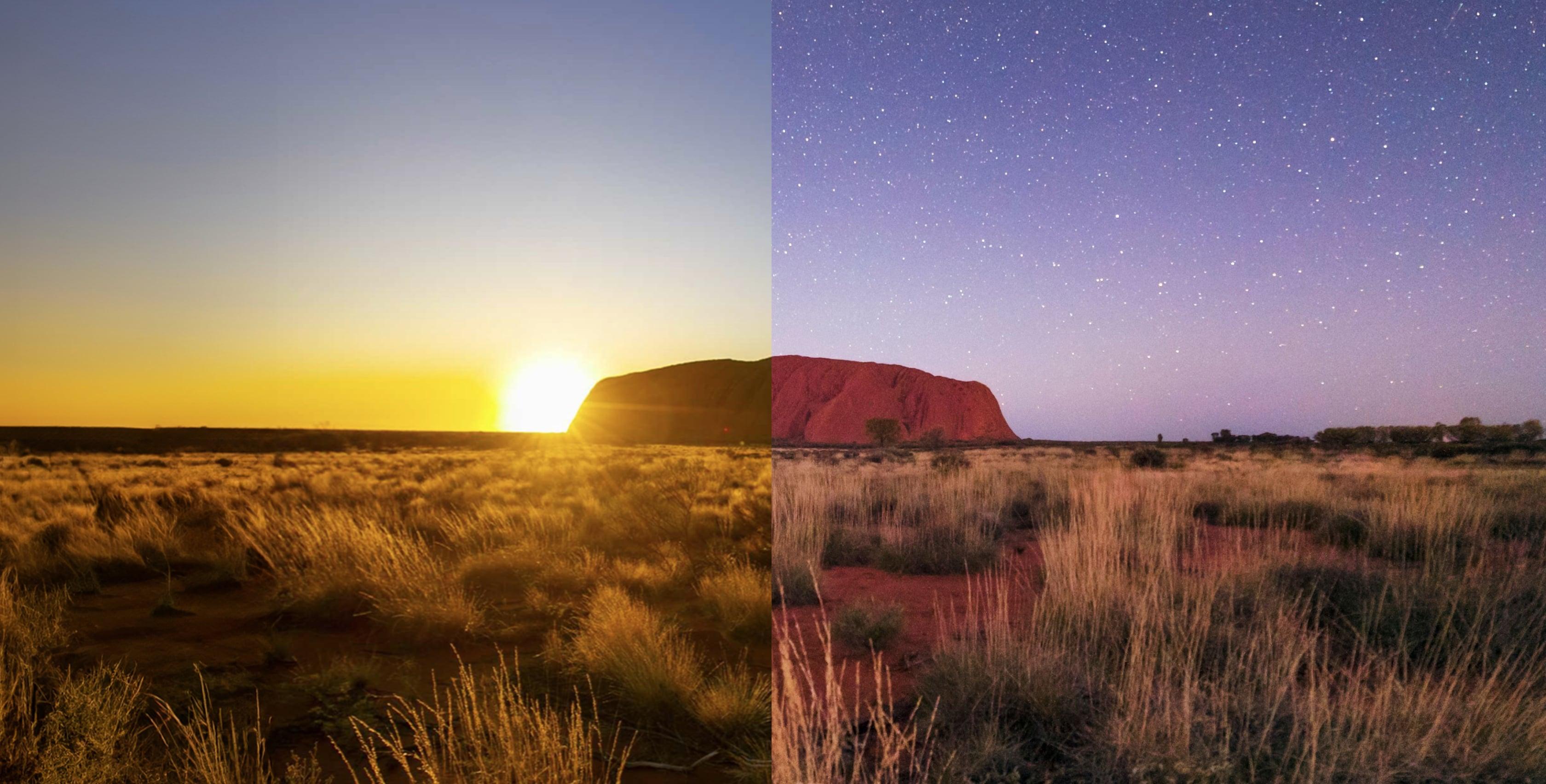 Image combining Uluru at sunrise and sunset