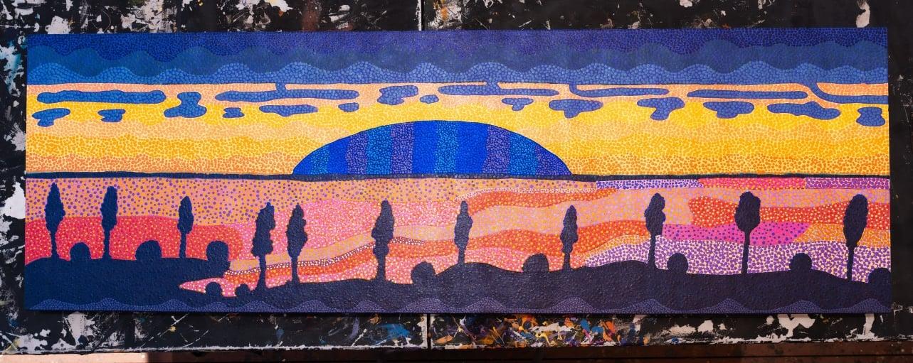 An Indigenous dot painting artwork depicting the Field of Light installation at Ayers Rock Resort, created by Indigenous artist Valerie Brumby