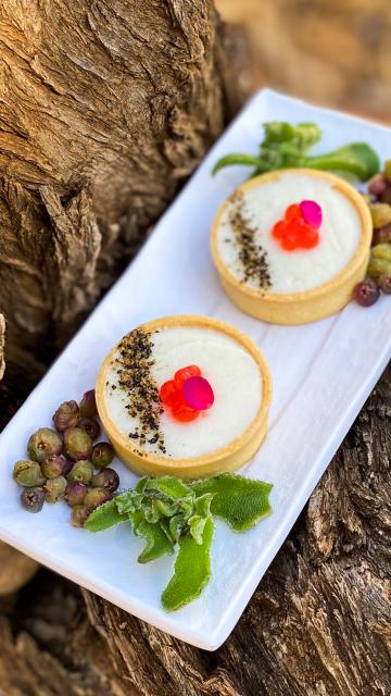 Cauliflower mousse tartlet with bush tomato pearls and wattleseeds